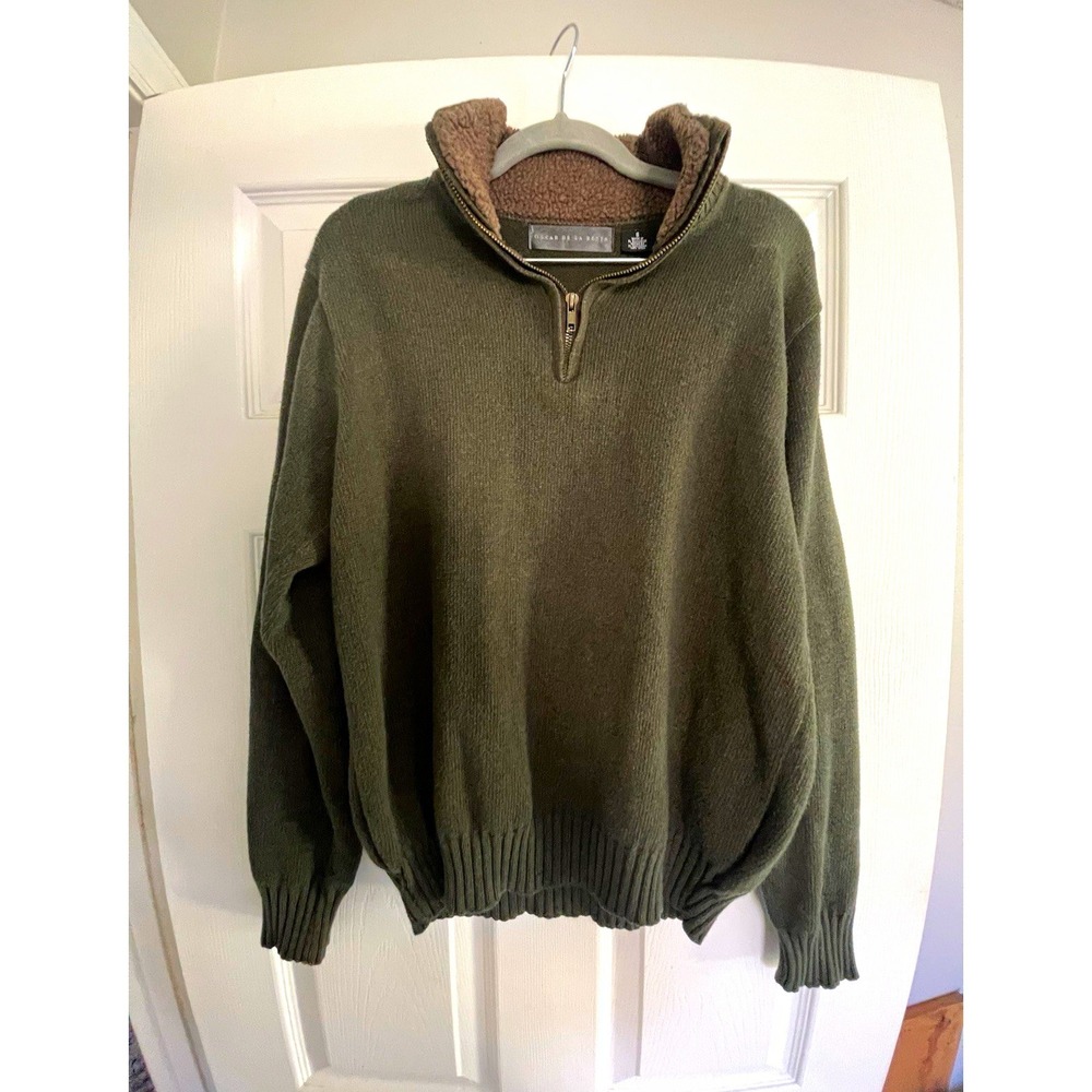 Oscar de la Renta Men's S Regular Green Solid Cotton Knit Mock Neck 1/4 Zip